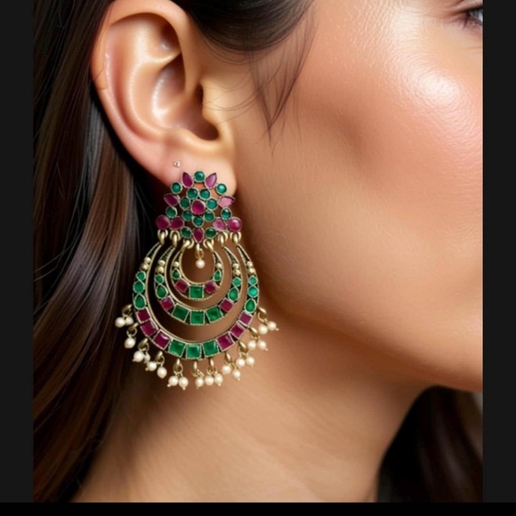 Oxidised Silver Ruby and Emerald Bollywood earrings - Picture 1 of 4